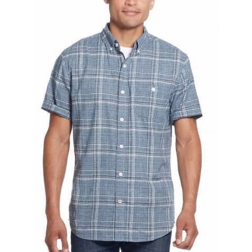 Weatherproof Vintage Mens XL Blue Plaid Washable Linen BlendButton Down
